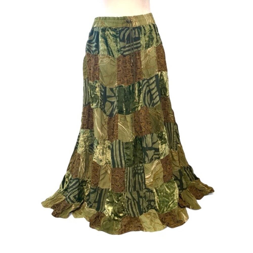 Vintage Boho Patchwork Maxi Skirt Green Brown Tiered Large